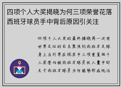 四项个人大奖揭晓为何三项荣誉花落西班牙球员手中背后原因引关注